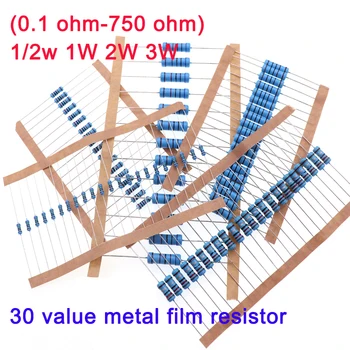 1/2 Вт 1 Вт 2 Вт 3 Вт Металлический пленочный резистор в ассортименте 30 номиналов (0,1 Ом-750 Ом), 1% цветной кольцевой набор сопротивлений 27R 270R 7,5R 75R