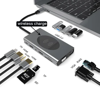 14 в 1 USB C КОНЦЕНТРАТОР Type C с двойным HDMI-совместимым VGA гигабитным адаптером RJ45, док-станция для зарядки PD для ноутбука, USB-разветвитель