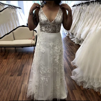2022 Бохо Простое Свадебное платье с кружевными аппликациями из Тюля Большого размера, V-образный вырез, Свадебное платье Трапециевидной формы длиной до пола, без рукавов, сшитое на заказ