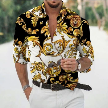 2022 Гавайские рубашки в стиле барокко Для мужчин, 3D Рубашка с длинным рукавом в стиле барокко, Пляжные топы с V-образным вырезом, футболки, Мужская летняя одежда