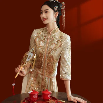 2022 Изысканное Свадебное платье Невесты с блестками цвета Шампанского и Вышивкой Феникса, Традиционное китайское Свадебное Вечернее платье, Одежда для Тостов