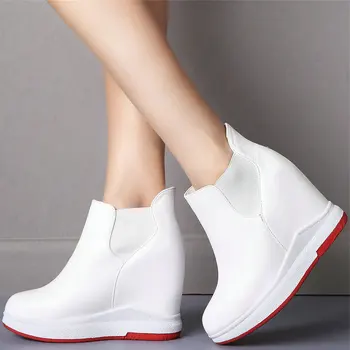 2022 Туфли-лодочки на платформе, Женская обувь из натуральной кожи На танкетке, Вулканизированная обувь на высоком Каблуке, Женские Модные Кроссовки с круглым носком, Повседневная обувь
