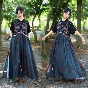 2023 китайское винтажное платье с национальной цветочной вышивкой, платье трапециевидной формы, восточное этническое платье, народное атласное жаккардовое платье в стиле пэчворк