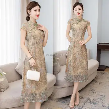 2023 летнее новое китайское модное облегающее платье средней длины чонсам в национальном стиле с коротким рукавом и воротником-стойкой, тонкое платье ципао s467