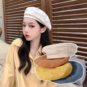 2023 Модные однотонные береты для женщин, Хлопковая Весенне-летняя шляпа Художника, женская корейская версия, японская британская ретро-кепка