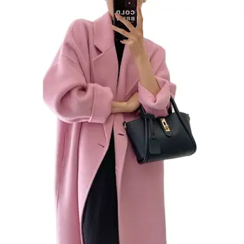 2023 Новое высококачественное брендовое Женское Длинное 100% шерстяное пальто, Свободное двустороннее однотонное шерстяное пальто на осень-зиму класса Люкс