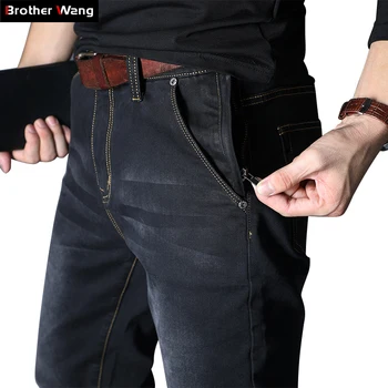 2023 Новые мужские брендовые джинсы, Свободные прямые эластичные джинсовые брюки на молнии с защитой от кражи, мужские большие размеры 40 42 44 46 48