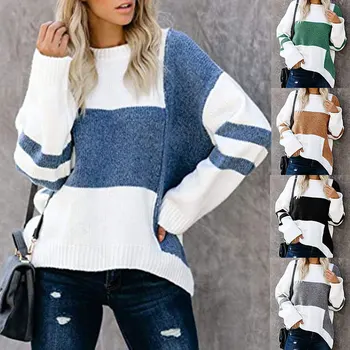 2023 Новый свитер в полоску в стиле ретро, женский пуловер с контрастной отстрочкой, вязаные свитера с круглым вырезом