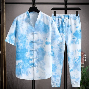 2023 (Рубашка + брюки) Летний Комплект мужских рубашек Из хлопка и льна, Мужские Повседневные рубашки с коротким рукавом, Брюки, Мужские рубашки, размер M-5XL
