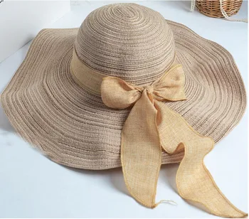 60 шт./лот, женская соломенная шляпа от солнца с бантом в корейском стиле, пляжная повседневная шляпа от солнца с большими полями, однотонная милая шляпа