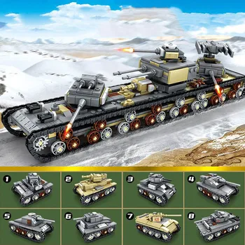 8 В 1 Военный танковый блок WW2 KV DIY Mini Panzer IV StuG III Tiger Автомобиль Строительные кирпичи Игрушка для мальчиков Детские подарки на день рождения