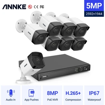 ANNKE 16CH 5MP FHD POE Сетевая система видеонаблюдения 8MP H.265 + NVR С 8ШТ 5-мегапиксельной Пулевой IP-камерой Камеры видеонаблюдения Аудио вход