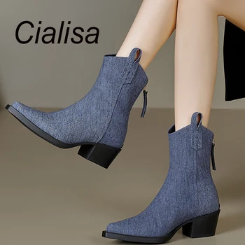 Cialisa/Пикантные женские Полусапожки с острым носком; Коллекция 2023 года; Осенне-зимняя Женская Обувь на среднем каблуке 5 см; Модные Ботильоны на молнии; 40