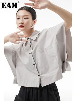 [EAM] Женская Серая Короткая Блузка Большого Размера, Новая Рубашка Свободного Кроя с Отворотом и рукавом 