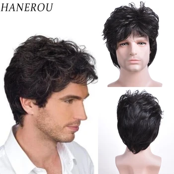 HANEROU Мужской Короткий Синтетический парик с Волнистыми черными кудрявыми натуральными волосами, термостойкий парик для ежедневных вечеринок, Косплей