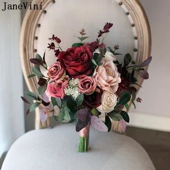JaneVini Винтажные Бордовые цветы Темно-красный Свадебный Букет цветов Розовая Роза Искусственный Цветок Невесты Букет Невесты Брак