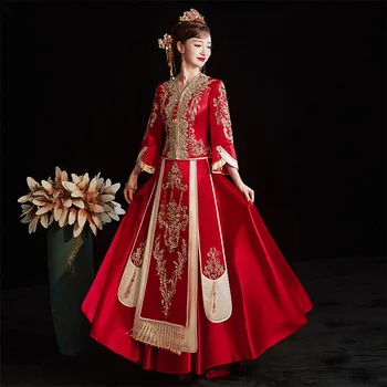 Luxurious Chinese Traditional Wedding Dress Embroidery Beaded XiuheTassel Classic Cheongsam China Qipao костюм для восточных