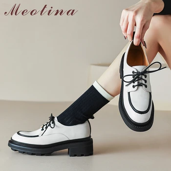 Meotina/ Женские туфли-лодочки из натуральной кожи с круглым носком на платформе и толстом высоком каблуке на шнуровке, повседневная женская модная обувь Черного, бежевого цвета