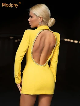 Modphy Модные Желтые Сексуальные Блейзеры с бриллиантовым дизайном без спинки Для женщин, Тонкие Длинные куртки 2023, Новая Офисная женская верхняя одежда