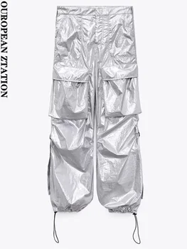 PAILETE Женские модные 2023 с накладными карманами, блестящие брюки-карго, винтажные женские брюки со средней эластичной талией, mujer