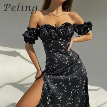 Peling 2023, Летние Новые Сексуальные Элегантные платья с открытыми плечами, Модное платье с цветочным рисунком, Праздничное Богемное платье с высоким разрезом и рюшами