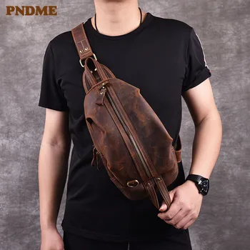 PNDME высококачественная мужская нагрудная сумка Crazy Horse из натуральной кожи в стиле ретро на открытом воздухе, повседневные спортивные сумки-мессенджеры из натуральной кожи ручной работы