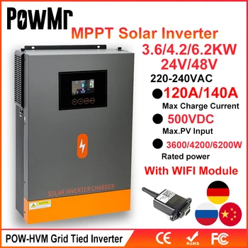 PowMr 6,2 кВт Сетевой инвертор мощностью от 48 В до 230 В переменного тока MPPT 120A и Максимальная мощность солнечной панели 500 В постоянного тока для солнечной батареи Lifepo4