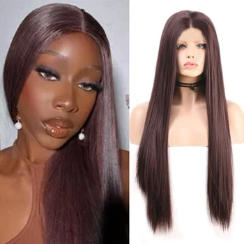 RONGDUOYI Коричневые Длинные прямые парики из натурального шелка, средняя часть, парик на кружеве, термостойкие синтетические волосы для чернокожих женщин