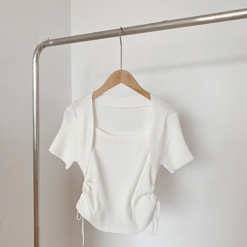 Sarebon-Женский белый пуловер с квадратным вырезом и коротким рукавом, модный, вязаный, летний, новинка