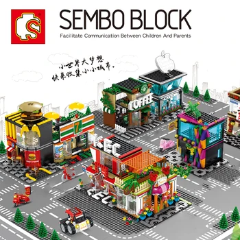 sembo blocks городской мини-уличный магазин, магазины, модель дома sest, кофейня, строительные кирпичи, ресторан, креативная архитектура, супермаркет