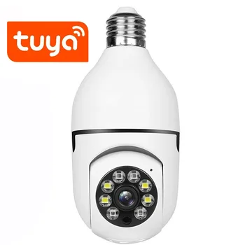 Tuya Wifi Лампа E27 Камера видеонаблюдения Полноцветная Ночного видения с вращением на 360 ° Автоматическое отслеживание человека Двусторонний разговор Умный Дом