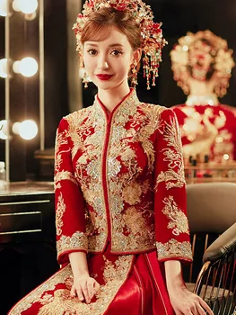 Velour Bride Traditional Tassel Sequins Cheongsam Elegant Chinese Clothing Women Embroidery Wedding Dress  костюм для восточных