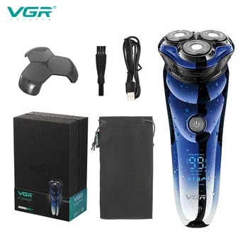 VGR электробритва с 3 головками, бритвенный станок PINJING, светодиодный цифровой дисплей, перезаряжаемый 3D триммер для бороды, мужской, моющийся, черный