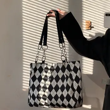 Xiuya Холщовая сумка С Принтом в виде Ромбовидной Решетки, Модная Большая Сумка-Тоут для Покупателей, Новинка 2022, Корейская Повседневная Универсальная Цепочка На Молнии Bolso Mujer