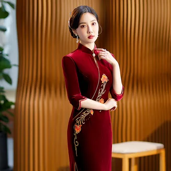 Yourqipao / 2023 Осеннее Бархатное платье Ципао в стиле Ретро с длинным Чонсам и воротником-стойкой, красное платье Ципао, Китайское вечернее свадебное платье для женщин