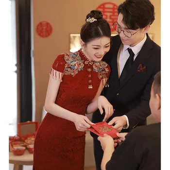 Yourqipao Китайское Свадебное платье для тостов Cheongsam Бордовое Платье для Помолвки Китайская Традиционная одежда Длинные вечерние платья