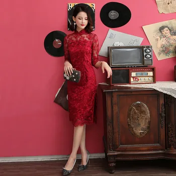 Yourqipao Летнее Красное Кружевное Улучшенное Банкетное Платье Cheongsam Элегантное Ципао в Китайском Стиле, Свадебное Вечернее Платье для Женщин