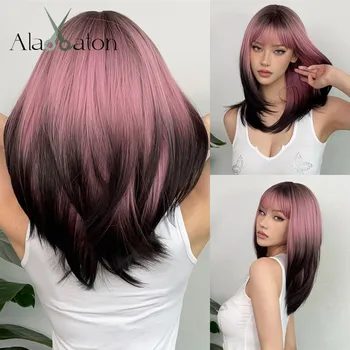 АЛАН ИТОН, черно-розовый Омбре, синтетические парики для чернокожих женщин, Многослойный прямой парик, смешанные цветные волосы для косплея, Высокая температура