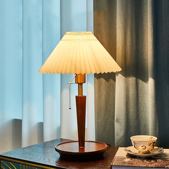 Американская Ретро Плиссированная настольная лампа Nordic Creative Smart Цвета грецкого ореха, Прикроватная Сенсорная лампа из массива дерева, Прикроватная тумбочка для спальни, Настольная лампа