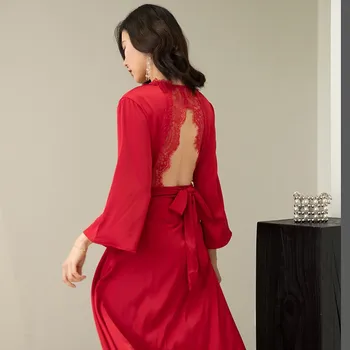 Бордовый Атласный Свадебный халат для подружек невесты, Кружевной халат с цветочным узором, ночная рубашка с открытой спиной, Сексуальное домашнее платье с V-образным вырезом, пижамы