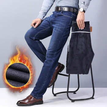 Бренд Thoshine, Зимние мужские джинсы, плотные флисовые утепленные брюки, джинсовые брюки эластичного прямого кроя
