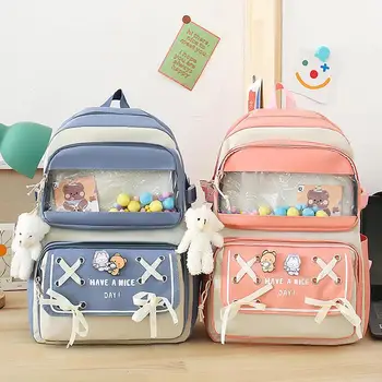В комплект эстетичного рюкзака входят булавки и плюшевые подвески, Эстетичный Водонепроницаемый школьный рюкзак, набор из 5 предметов, рюкзак для школы