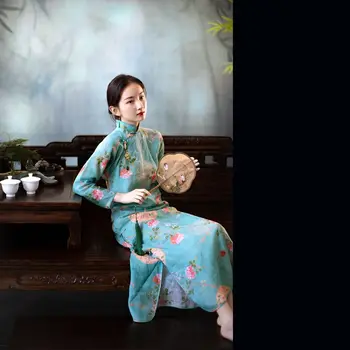 Весеннее Повседневное Китайское Традиционное Женское Ципао 2022 Года в ретро-синем Республиканском стиле, Элегантное Платье Чонсам с Имитацией Льняной пряжки