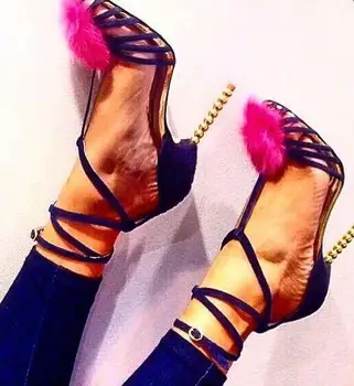 Весенние Новые модные Розовые женские Пикантные босоножки из искусственного меха с ремешками, украшенные уникальным бисером, на каблуке, Женские модельные туфли, Женская обувь для вечеринок