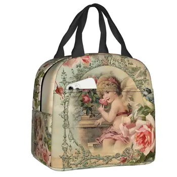 Викторианский ангел Винтажная Розовая сумка для ланча Термоизолированный контейнер для ланча для студентов, школьной работы, еды, сумок для пикника
