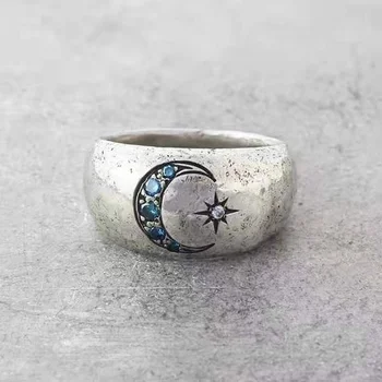 Винтажное металлическое кольцо с резьбой в виде полумесяца, Инкрустированное синим Цирконом, женское ювелирное кольцо для путешествий