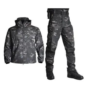Военная Штормовая куртка, Тактические куртки + Брюки, Мужская Флисовая куртка, Армейский Ветрозащитный Камуфляжный охотничий костюм, Ветровки