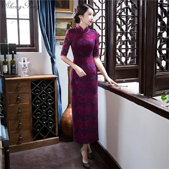 Восточное китайское женское платье ципао чонсам, элегантная вышитая открытая туника с рукавом три четверти, платье ципао Q209