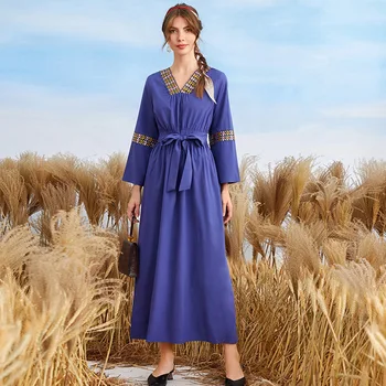 Вышивка 2023, Длинное платье на шнуровке с V-образным вырезом и Длинными рукавами, Мусульманская мода Ближнего Востока, Vestidos Arabes, Дубай и Туркос