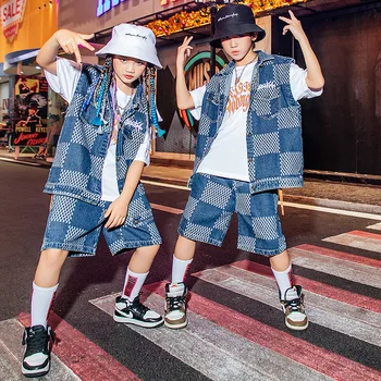 Детская летняя модная одежда в стиле хип-хоп Для мальчиков и девочек, комплекты джинсов из денима в клетку, Уличная одежда, Жилет, Шорты, Детские танцевальные костюмы
